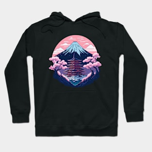 Symmetrical Japanese Pagoda, Mountain and Flowers Hoodie